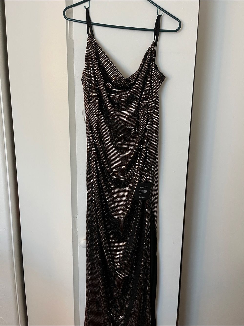 NWT Lulus Glow Sequin Gold Maxi Dress with Cowl Neck